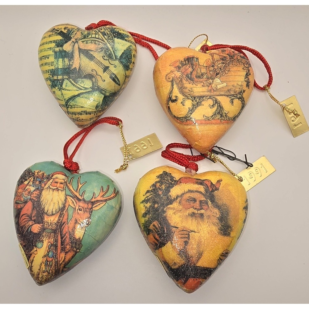 Paper Mache Decoupage Vintage 1991 Heart Christmas Ornaments Santa Reindeer -799